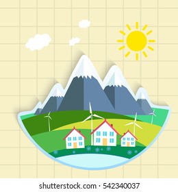 Environmental landscape cottages mountains on school paper  background.wind energy. Environmental protection. Flat design style vector illustration.