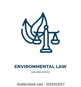 Icono de derecho ambiental. Ilustración lineal vectorial de la recopilación de leyes y justicia. Esbozar vector de icono de la ley ambiental. Símbolo de línea delgada para uso en aplicaciones web y móviles, logotipo, medios impresos.