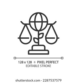 Environmental law pixel perfect linear icon. Protecting natural ecosystems with legal rules. Global regulation. Thin line illustration. Contour symbol. Vector outline drawing. Editable stroke