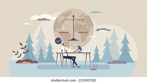 Environmental Lawyer Occupation To Protect Nature Law Tiny Person Concept. Green Rights And Ecological Justice For Business And Climate Interests Balance Vector Illustration. Legal Earth Regulation.