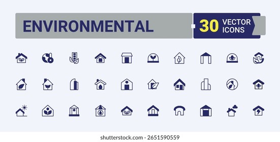 Environmental line icon. Contain linear symbols house, global, pollution, ecology, energy and more. Green House icon set. Modern vector illustration. Outline and solid pictogram.