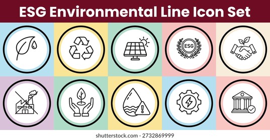 Conjunto de iconos de línea ambiental que muestra conceptos ecológicos y de sostenibilidad