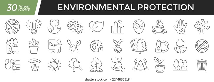 Environmental linear icons set. Collection of 30 icons in black