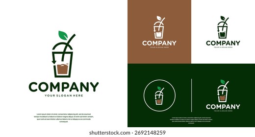 Logotipo ambiental con el concepto de residuos de botellas de plástico, hojas, vasos de plástico, diseño de Ilustración vectorial.