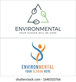 Environmental logo design with black green triangle leaf and human blue green line vector suitable for personal trainer lifestyle business company nature