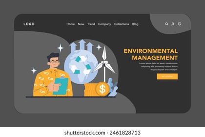 Web oder Zielseite für Umweltmanagement im Nacht- oder Dunkelmodus. Nachhaltige Praktiken und erneuerbare Energien für umweltfreundlichen Betrieb. Erhaltung und finanzielle Investitionen. flache Vektorillustration