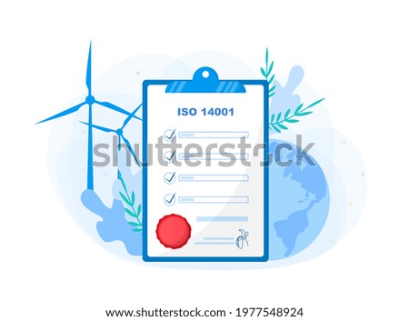 Environmental management system checklist in clipboard. Paper document with checklist and stamp on clipboard with world and windmills on the background. ISO 14001. Flat cartoon vector illustration