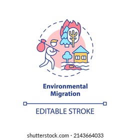 Environmental migration concept icon. Escaping ecology problems. Relocation reason abstract idea thin line illustration. Isolated outline drawing. Editable stroke. Arial, Myriad Pro-Bold fonts used