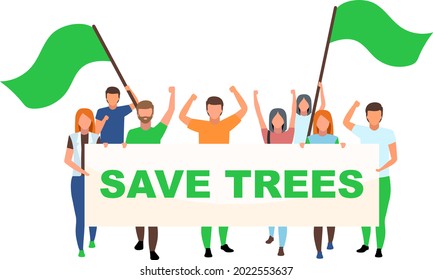 Environmental movement flat concept vector illustration. Activists protesting against natural areas destruction isolated 2D cartoon characters on white for web design. Save trees creative idea
