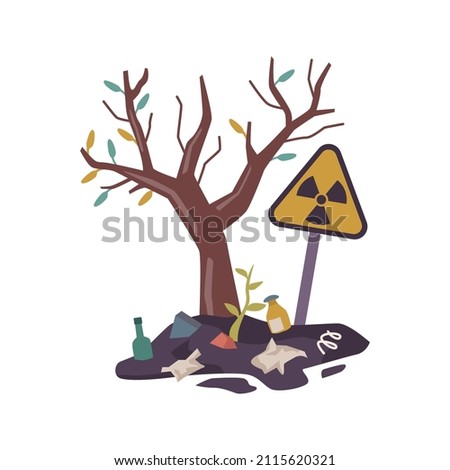 Environmental and natural pollution. Vector trees cannot grow fully because of debris and rubbish. Toxic contamination, and litter problem on landfill dumpster. Plastic bottles and bags flat cartoon