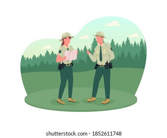 Environmental police 2D vector web banner, poster. Forest protection. Ranger instructor. Police officers flat characters on cartoon background. Law enforcement printable patch, colorful web element