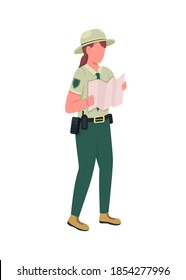 Environmental police female officer flat color vector faceless character. Ranger in uniform with map. Law enforcement woman isolated cartoon illustration for web graphic design and animation