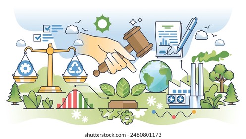 Environmental policy and ecological conservation outline hands concept. Sustainability protection with legal agreements, green deals and standards governance vector illustration. Nature protection.