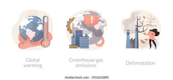 Conjunto de ilustraciones vectoriales del concepto abstracto de contaminación ambiental. Calentamiento global, emisiones de gases de efecto invernadero, deforestación, problema ecológico, producción de aceite de palma, gas de CO2 y metáfora abstracta de smog.