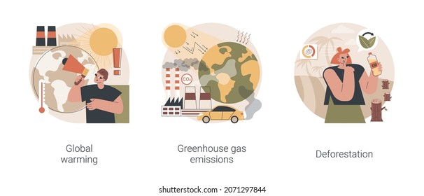 Environmental pollution abstract concept vector illustration set. Global warming, greenhouse gas emissions, deforestation, ecological problem, palm oil production, CO2 gas and smog abstract metaphor.