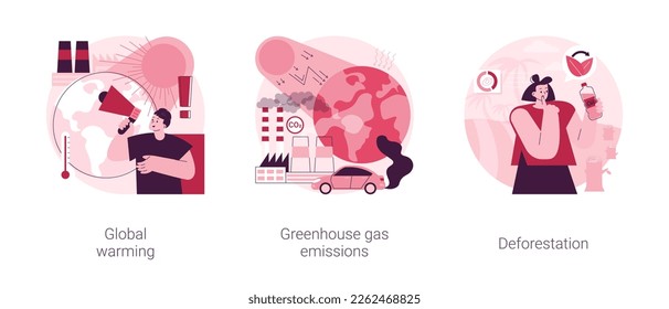 Environmental pollution abstract concept vector illustration set. Global warming, greenhouse gas emissions, deforestation, ecological problem, palm oil production, CO2 gas and smog abstract metaphor.