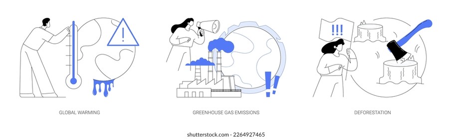 Environmental pollution abstract concept vector illustration set. Global warming, greenhouse gas emissions, deforestation, ecological problem, palm oil production, CO2 gas and smog abstract metaphor.