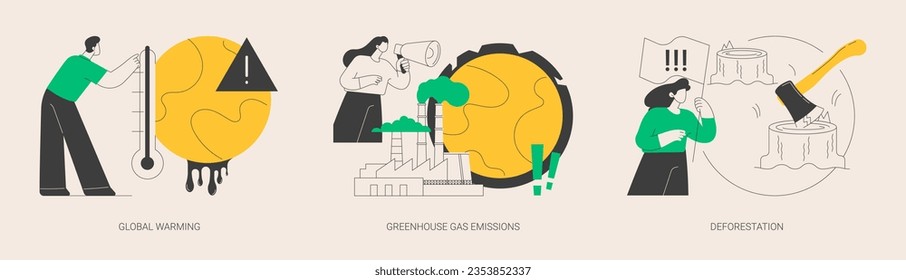 Conjunto de ilustraciones vectoriales del concepto abstracto de contaminación ambiental. Calentamiento global, emisiones de gases de efecto invernadero, deforestación, problema ecológico, producción de aceite de palma, gas de CO2 y metáfora abstracta de smog.