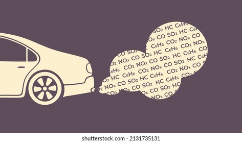 Environmental pollution. Air pollution. Car exhaust gas,smoke,smog.Vehicle emissions. Smoke coming from transport vehicles exhaust into air  through the exhaust pipe.Flat vector illustration. Isolated