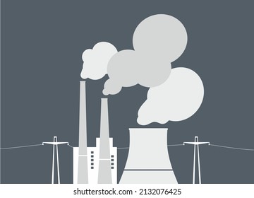 Environmental pollution. Air pollution. Industrial chimney smoke , smog. Emissions harmful toxic into the atmosphere. Pollutions factory rises from flue-gas stack. Flat vector illustration. Isolated