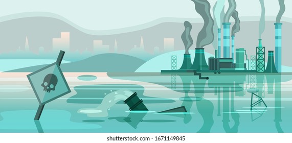 Environmental pollution banner with big factory,cityscape, polluted river, pipes, barrel, skull signboard. Grey smog over the buildings. Ecological problem concept in grey colors. Horizontal landscape