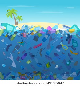 Environmental pollution at the beach. Garbage in the ocean, sea, river. Plastic bottles, bags, shoes, tins, packing containers, straw. Underwater trash problem. Vector illustration.