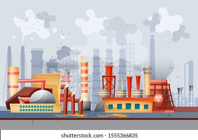 Environmental pollution by industrial dirty waste. Smoke through the pipes gets into the air, toxic waste chemicals in water. Factory and plants pollute nature, waste industrial production vector