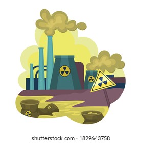 Environmental pollution by industrial dirty waste, nuclear pollution. Smoke through the pipes gets into air, toxic waste chemicals in water. Factory pollute nature, waste industrial production vector