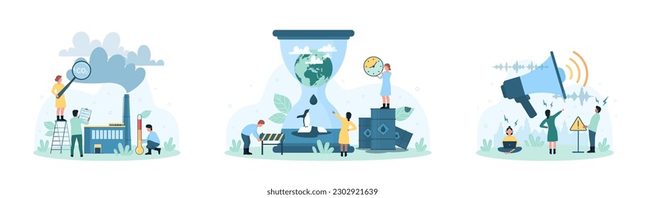 Environmental pollution by noise, carbon dioxide and toxic waste vector illustration. Cartoon tiny people holding magnifying glass to research smog of factory chimney, sign warning of loud sound