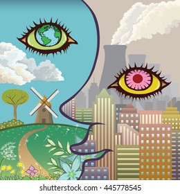 Environmental pollution by nuclear power plant and environment protection. Difference between nature 2-side. Abstract human face. Ecology design concept with air, soil and radioactive pollution.
