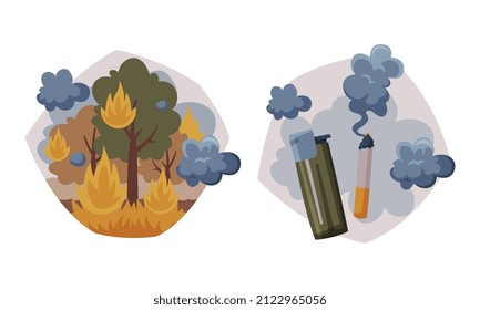 Environmental Pollution Cause and Source with Wildfire and Smoking Cigarette Vector Set