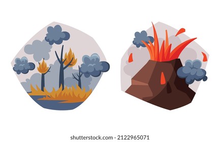 Environmental Pollution Cause and Source with Wildfire and Volcanic Eruption Vector Set