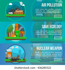 Environmental pollution colored banner set with descriptions of air pollution save ecology and nuclear weapon vector illustration
