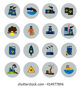 Environmental Pollution Colored Icon Set in circles with equipment tools for energy and nuclear power station vector illustration