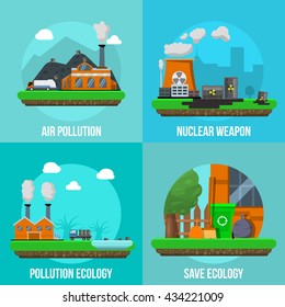 Environmental pollution colored icon set with descriptions of air pollution nuclear weapon pollution ecology and save ecology vector illustration