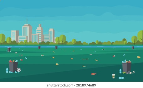 Environmental pollution concept with litter scattered across green city park lawn near overflowing trash bins.