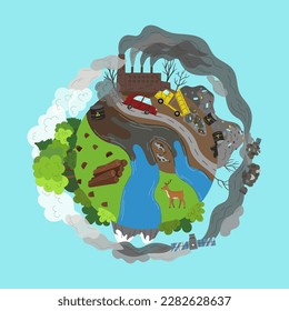 Concepto de contaminación ambiental. El planeta se divide en dos partes: contaminado por basura dañina y una parte puramente verde. Ilustración vectorial plana