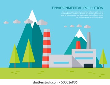 Environmental pollution concept vector banner. Flat design. Mountain landscape with plant polluting air emissions. Human impact on the environment illustration for web design and infographics.