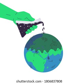 Environmental pollution concept. Vector illustration of a hand pouring out poison from a flask onto the globe. Concept of chemical pollution, hazardous waste, toxic industrial waste, oil spill