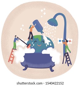Environmental pollution creative metaphor illustration. People washing cartoon planet, it smiling. Volunteers on ladders help to clean Earth from rubbish and waste in bath, shower. Round composition. 