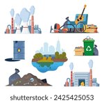 Environmental pollution. Ecological concept. Pollution of land, water and air. Compositions set with hazardous, radioactive, industrial, housekeeping waste. Vector illustration