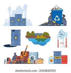 Environmental pollution. Ecological concept. Pollution of land, water and air. Compositions set with hazardous, radioactive, industrial, housekeeping waste. Vector illustration