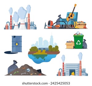 Environmental pollution. Ecological concept. Pollution of land, water and air. Compositions set with hazardous, radioactive, industrial, housekeeping waste. Vector illustration