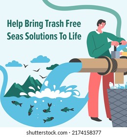 Environmental pollution and ecosystem underwater. Help to bring trash free seas solutions to life. Cleaning water masses in nature. Promotional banner for advertisement flyer. Vector in flat style