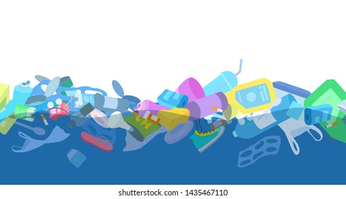Environmental pollution. Garbage in the ocean, the sea at the surface. Place for text. Copy space, template for the bottom of the page. Plastic bottles, bags, shoes, tins, packing containers, straw.