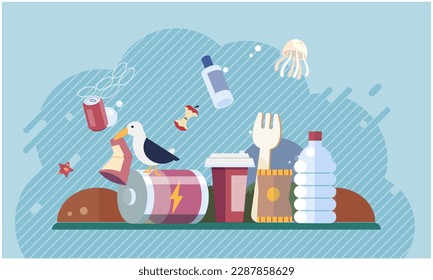 Environmental pollution with garbage and waste big problem due to human activities and unreasonable consumption. Plastic garbage and bottles at bottom of polluted reservoir, littered river and sea