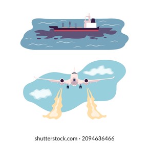 Environmental Pollution and Global Warming Cause with Plane and Water Contamination Vector Set