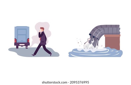 Environmental Pollution and Global Warming Cause with Traffic Emission and Waste Water Vector Set