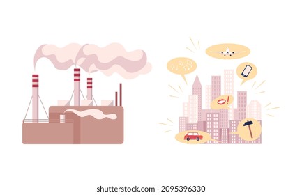 Environmental Pollution and Global Warming Cause with Urbanization and Factory Emission Vector Set