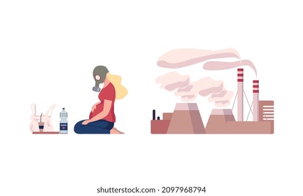 Environmental Pollution and Global Warming Cause with Pregnant Woman Near Plastic Product and Factory Emission Vector Set
